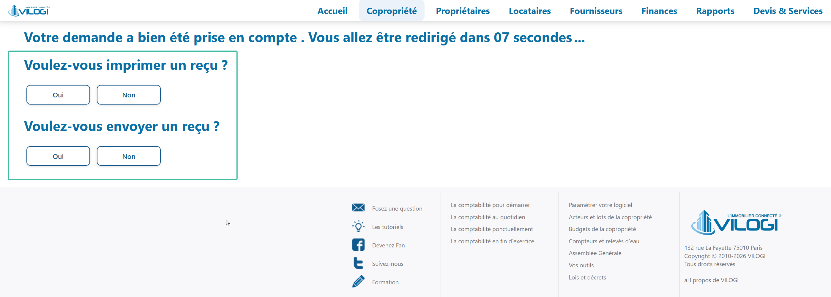 Un message de confirmation pour imprimer le reçu du règlement saisi Tutoriel logiciel immobilier pour syndics et administrateurs de biens